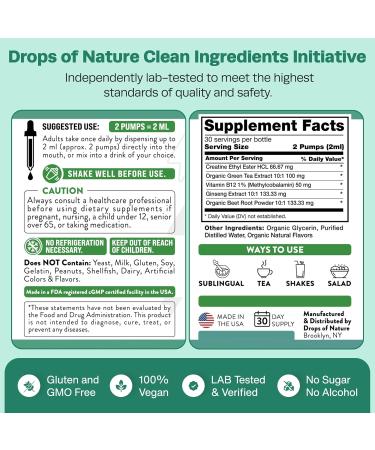 Organic Creatine Monohydrate & Vitamin B12 Drops - Vegan Energy Boost with Beet Root Green Tea & Ginseng Faster Absorption Strawberry Lemonade Flavor - 60mL - Buy Online on GoSupps.com