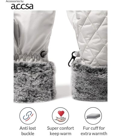 accsa Women Winter Ski Glove - Waterproof 3M Thinsulate Warm Windproof Gray-White with Gray Fur Medium - Buy Online on GoSupps.com