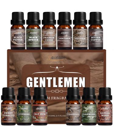SALUBRITO Essential Oils Set for Men Fragrance Oil Set for Diffuser and Home Woody Aromatherapy Oil 12 x 10 ml Vetiver Frankincense Sandalwood Cypress Essential Oil and More