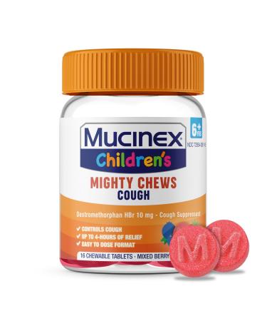 Mucinex Children's Mighty Chews Kids Cough Medicine Easy to Dose Cough Suppressant for Kids with Dextromethorphan Kids Travel Medicine for Cough Mixed Berry Flavor 16 Medicated Chewable Tablets Day