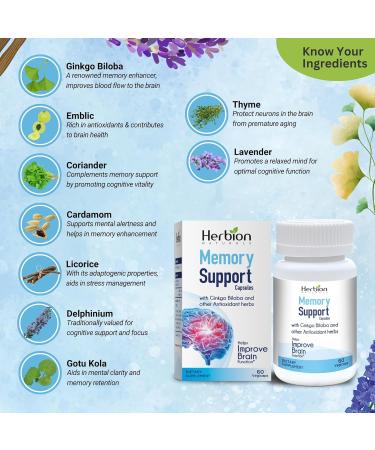 HERBION Naturals Memory Support Capsules Helps Improve Brain Function & Absent Mindedness Maintains Healthy Mood Levels with Ginkgo Biloba for Adults 60 Count Pack of 1 60 Count (Pack of 1) - Buy Online on GoSupps.com