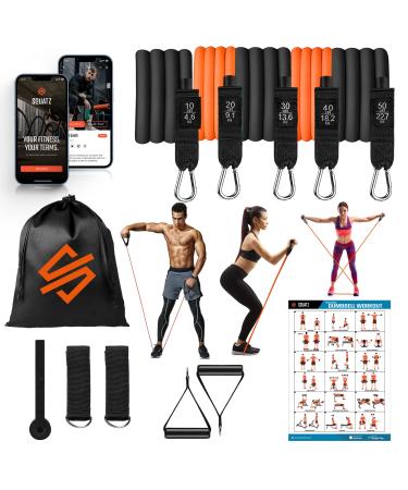 SQUATZ Resistance Bands with 5 Fitness Workout Bands Adjustable Tension Exercise Bands with Door Anchor Handles Carry Bag Ankle Straps for Resistance Training Physical Therapy and Home Workouts