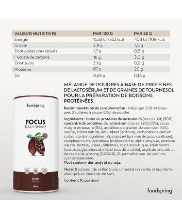 foodspring - Daily Shake Focus protein powder - 20g protein per shake - Milk protein with vitamins and minerals - With real cocoa and ginseng (480g) - Buy Online on GoSupps.com