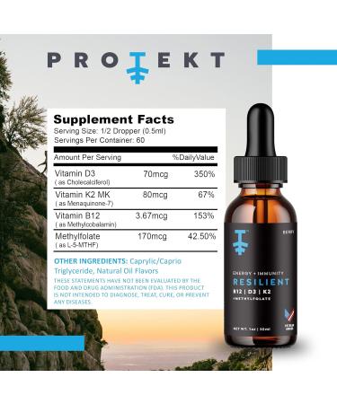 Protekt Resilient Liquid Vitamin B12 D3 K2 Tincture with Methylfolate - Energy Supplement for Recovery, Sleep, and Mood - Natural Berry Flavor - 30ml, Made in USA - Buy Online on GoSupps.com