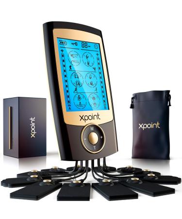 Xpoint Dual Channel Luxury TENS EMS Unit Muscle Stimulator | 16 Modes 12 Large Electrode Pads | Back Shoulder Neck Sciatica Max Power Pain Relief Device Rechargeable Physical Therapy | Black Black & Gold