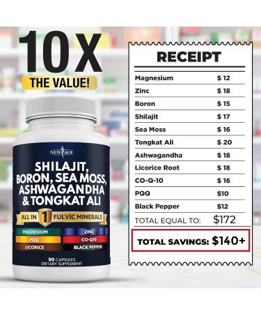 Shilajit Supplement with Sea Moss Ashwagandha Tongkat Ali Boron Magnesium - Fulvic Acid Capsules for Men - 90 Count (Pack of 2) 180 Capsules (Pack of 2) - Buy Online on GoSupps.com
