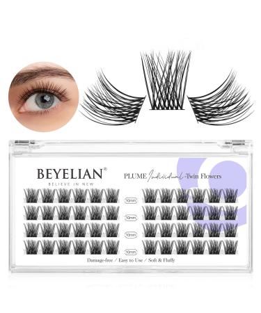 Beyelian single eyelashes C curl cluster eyelashes cluster lashes 48 PCs 0.07mm 10mm diy eyelash extensions individual lashes at home super thin black band (twin flowers) 48 pieces (1 Pack) C-black 10mm twin flowers