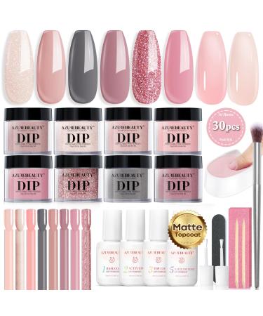 AZUREBEAUTY 30Pcs Dip Powder Nail Kit Starter with Nail Sticks Translucent Nude Pink 8 Colors Dipping Liquid Set Added Matte Top Coat Recycling Tray for Velvet Nail Art Manicure Salon DIY Home Baby Glitter Nude Pink