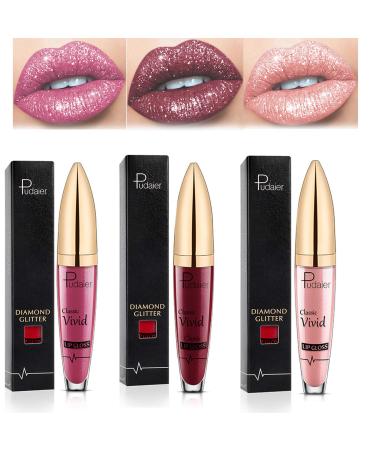 WSXC 3PCs Diamond Shiny Long Lasting Lipstick Matte Liquid Lipstick Long Lasting Waterproof ColoFSULL LIP Gloss Glitter Lipstick (04+05+06)