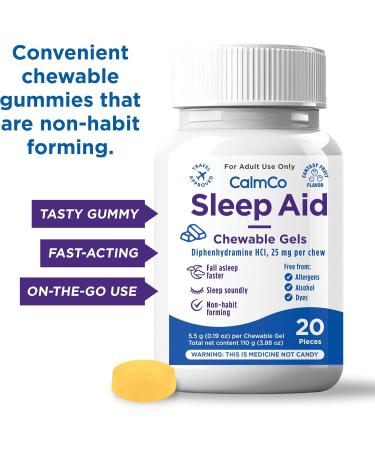 CalmCo Adult Sleep Aid Non-Habit Forming Sleep Support with Diphenhydramine HCl 25 mg Nighttime Sleep Aid Chewable Gels Promotes Better Sleep and Helps You Fall Asleep Faster 20 Count - Buy Online on GoSupps.com