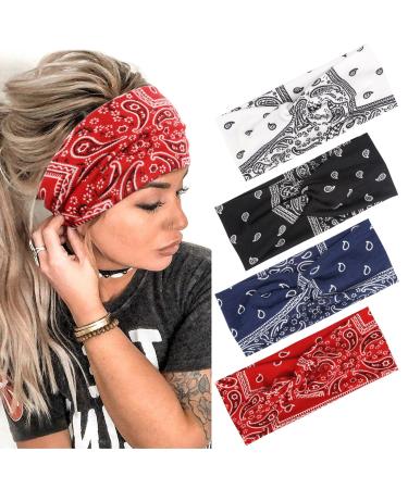 AKTVSHOW Headbands for Women Knotted Headband Elastic Head Bands Women's Hair Band Non-Slip Turban Printed Stylish Sport Sweat Hair Wrap for Girls Cute Hair Accessories 4PCS