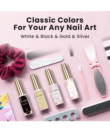 Gel Liner Nail Art Polish Set - 4 Pcs Black White Gold Silver Glitter Colors with Thin Brush - Soak Off LED Lamp Compatible - 0.33 fl. oz Each - Buy Online on GoSupps.com