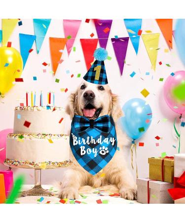 Dog Birthday Party Supplies Set - Light Blue Plaid Bandana, Hat, Bow Tie & Number for Small, Medium, Large Dogs | JOTFA - Buy Online on GoSupps.com