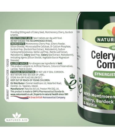 Natures Aid Celery Seed Complex With Montmorency Cherry Nettle & Burdock Vegan Tablets 60 Count (Pack of 1) - Buy Online on GoSupps.com