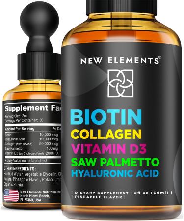 Liquid Biotin for Hair Growth Women & Men 10000mcg | Biotin and Collagen Supplements with Saw Palmetto & Hyaluronic Acid | Biotin Drops for Hair Growth with Vitamin D3 for Hair Skin and Nails