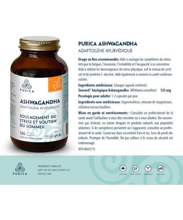 PURICA Ashwagandha with Sensoril - Natural and Organic Stress Relief Supplement Ideal for Men and Women 120 Vegan Capsules - Buy Online on GoSupps.com