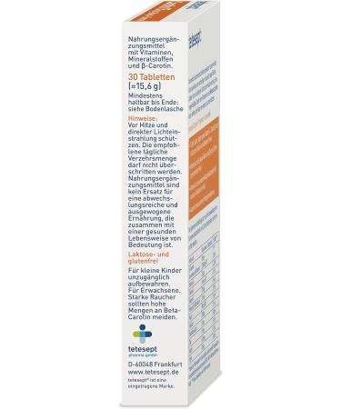 Tetesept Carotene 15 mg - Skin & Sun Vitamins for Beautiful Tanned Skin | Dietary Supplements with -Carotene & Antioxidants | 30 Tablets - Buy Online on GoSupps.com