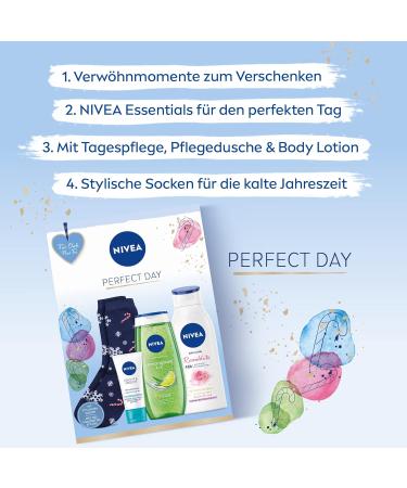 NIVEA Perfect Day Gift Set with NIVEA Essentials Gift Set with Day Care Care Shower Body Lotion and Stylish Socks - Buy Online on GoSupps.com