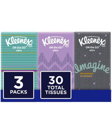 Kleenex On-The-Go Packs Facial Tissues, Travel Size, 3 Pack, 10 Tissues per Pack (30 Total Tissues)
