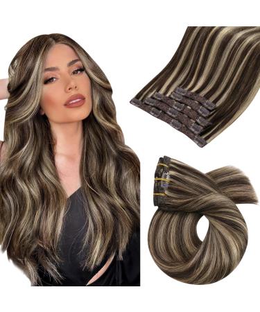 Moresoo clip extensions real hair brown hair extreme clips remy real hair extensions clip in hair extension real hair clip 35cm clip in extensions real hair dark brown with blond #p4/27 80g 5pcs 35 cm #p4/27
