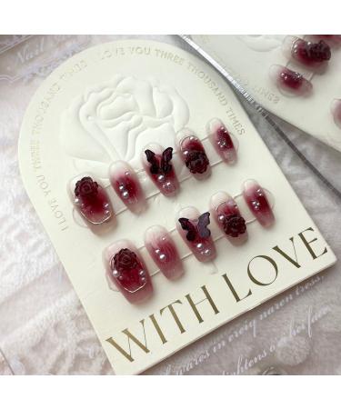 Handmade nail patches spicy girl wine red butterfly fake nails wearing nail patches for whitening Long manicure (Size : Short ladder Color : S)