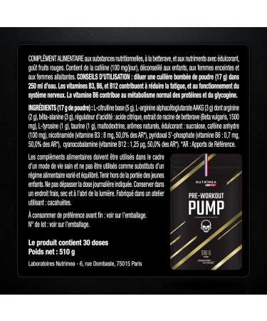 PRE WORKOUT Boisson PUMP Pr -entra nement AAKG Beta Alanine Cafeine Citrulline Extrait de Betterave Taurine L Tyrosine Vitamines B3 B6 B12 Go t Fruits rouges 510 g Nutrimea - Buy Online on GoSupps.com