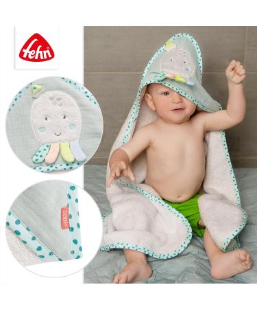 Fehn Baby Octopus Bathing Towel - Cotton Hooded Towel for Toddlers & Babies (0+ Months) - Soft 80x80 cm Poncho with Cute Design - Buy Online on GoSupps.com