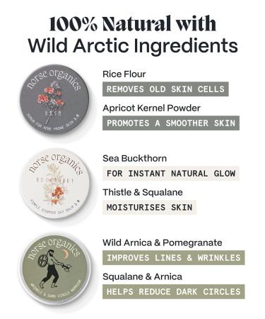 Norse Organics | Anti Age & Glow Ritual | 3 Step System Wrinkle Warrior Day Balm Face Scrub | Wild Arnica Pomegranate Arctic Herbs | Natural Skincare for Lines Dark Circles | Men Women 25 Plus - Buy Online on GoSupps.com