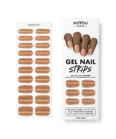 MOYOU LONDON Semi Cured Gel Nail Wraps 20 Pcs Gel Nail Polish Strips for Salon-Quality Manicure Set with Nail File & Wooden Cuticle Stick (UV/LED Lamp Required) - Gold Coast
