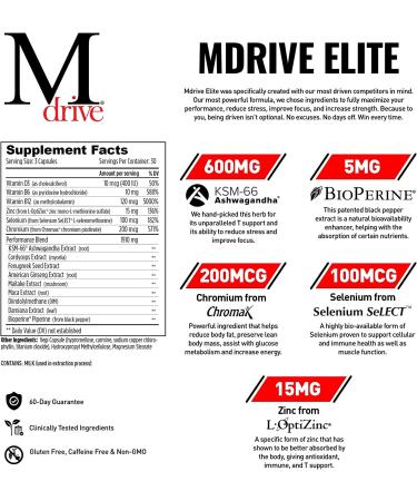 Mdrive Elite Testosterone Booster for Men - Supports Immune Health  Energy  Cardio  VO2Max  Recovery  Stress Relief  Lean Muscle  KSM-66 Ashwagandha  DIM  Fenugreek  90ct - Buy Online on GoSupps.com