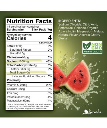 kevala Electrolytes Watermelon Powder Packets | Sugar Free Drink Mix Packets with Prebiotics, Potassium & Salt Electrolytes for Keto Hydration | Rehydration Support | 1 Pack (14 Sticks) - Buy Online on GoSupps.com