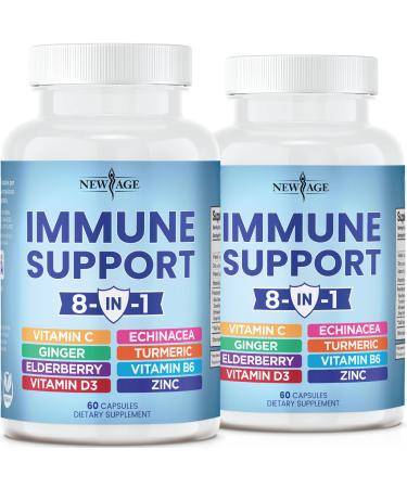 8 in 1 Immune Support Booster Supplement with Elderberry, Vitamin C and Zinc 50mg, Vitamin D 5000 IU, Turmeric Curcumin & Ginger, B6, Echinacea - 120 Count - 2 Pack