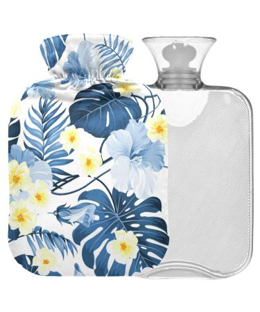 NAANLE hot water bottle with cover plumeria flowers palm leaf Transparent hot water bottle heat bottle for back pain relief handfoot warmer neck warmth and cold therapy 1l