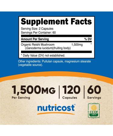 Nutricost Reishi Mushroom Capsules 1500mg - 120 Capsules | Organic & Vegetarian | Gluten-Free | CCOF Certified - Buy Online on GoSupps.com