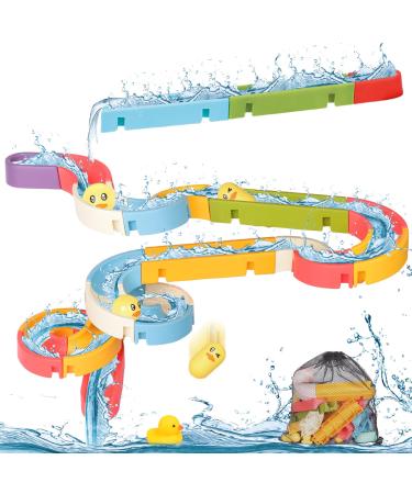 34Pcs Bath Toys Duck Slide Bath Toy Bath Track Game Shower Toys Water Slide with Drawstring Bag Water Toys Bath Time DIY Educational Bath Slide Toy for 3 4 5 6 Year Olds Boys Girls Toddlers Kids 37Pcs