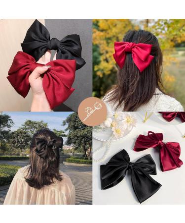 Bow Hair Clip Satin French Bow Hair Clips for Women Solid Bow Hair Clips Hair Barrette with Long Ribbon Silky Hair Bows Big Bowknot Simple Girls Hair Accessories (Black+Red) - Buy Online on GoSupps.com