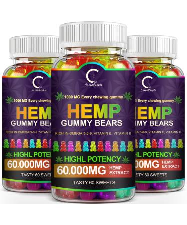 (3 Pack) GPGP Greenpeople Hemp Gummies 60,000mg Extra Strength -180ct - 100% Natural Hemp Oil Infused Gummies, Promotes Focus Calm, Sleep and Calm Mood