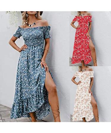 Women's Off Shoulder Chiffon Maxi Dress - Sexy Beach Fashion Print Split Dress - Short Sleeve Slash-Neck - XX-Large White - Buy Online on GoSupps.com