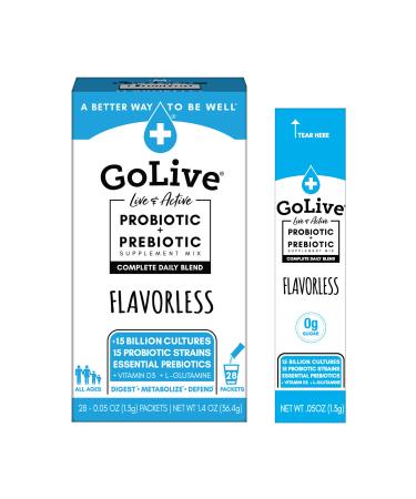 GoLive FLAVORLESS/SUGARLESS Synbiotic (Probiotics + Prebiotics) for Adults & Kids; +15 Billion CFUs; 15 Clinical Strains. Formulated and Recommended by MDs and RDs for Digestion, Metabolism, Immunity. Daily Essentials Un