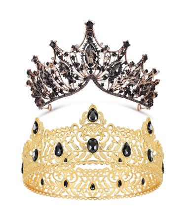 2 Pieces King Crowns for Men Royal Crown with Black Rhinestone Crowns for Women Crystal Queen Royal Round Crown Women's and Men's Costume Headwear for Wedding Homecoming Prom Party Decorations
