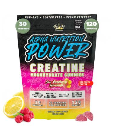 Creatine Monohydrate Gummies 5g Sugar Free Creatine Gummy for Workout for Men & Women Lean Muscle Support Strength Cognitive Health Gluten Free Non GMO NSF Certified Raspberry Lemonade 120 pc Sour Raspberry Lemonad