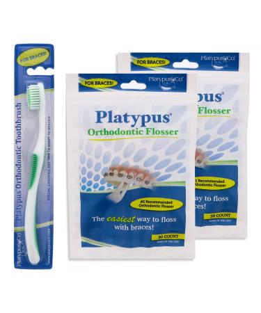 Platypus Orthodontic Flossers - Dental Floss Picks for Braces and Orthodontic Toothbrush Bundle - 2 Packs Ortho Flossers and 1 Ortho Toothbrush