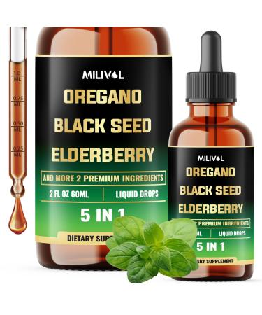 MILIVOL 5in1 Oregano Oil Liquid Drops with Black Seed, Elderberry, Garlic, Olive Leaf - Wellness Support Supplement - 2 Fl Oz