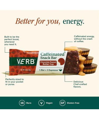 Verb Energy Chocolate Peanut Butter Cup Caffeinated Snack Bars - 90-Calorie 2g Sugar - Keto Friendly & Vegan - Pack of 16 - Buy Online on GoSupps.com
