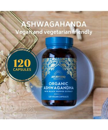 Ayurvediq Wellness Ashwagandha Organic Capsules 120ct with Black Pepper Extract | Herbal Supplement for Vitamins, Iron, Protein | Gluten-Free, Dairy-Free, Vegan | Ayurveda Products - Buy Online on GoSupps.com