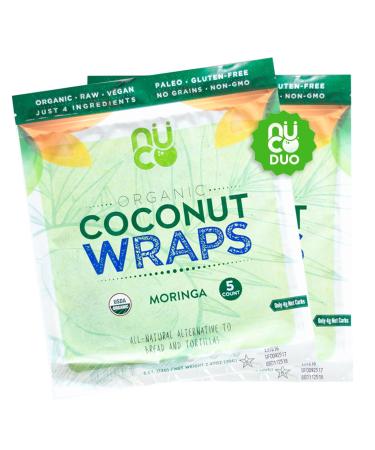 NUCO DUO Certified Organic, Paleo, Gluten Free, Vegan Non-GMO, Kosher Raw Veggie Coconut Wraps Moringa Flavor. NO Salt Added Low Carb and Yeast Free 10 Count (Two Packs of Five Wraps Each) Moringa 5 Count (Pack of 2)