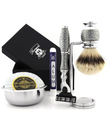4Pc Mens Grooming & Shaving Kit 3 Edge Razor With Silver Tip Badger Hair Shaving Brush Stand and Alum Pencil Perfect Set For Men