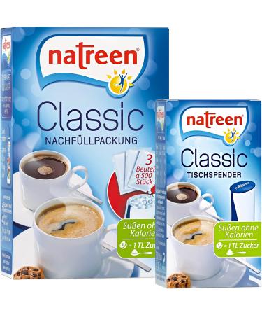 NATREEN Classic Table Dispenser 500 pcs. and Refill Pack 3x500 pcs. - The calorie-free sweetener for coffee and tea / Netherlands