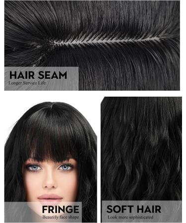 WOKESTAR Black Bob Wig with Neat Fringe - Curly Wavy Synthetic Wig for Women - Buy Online on GoSupps.com