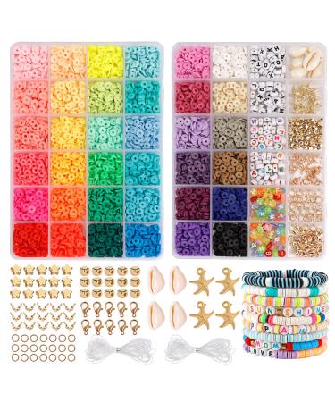 Quefe 5000pcs Clay Heishi Beads for Bracelet Jewelry Making, Polymer Flat Round Clay Beads Kit with 240pcs Letter Beads, Pendant Charms and Elastic Strings, 36 Colors 6mm